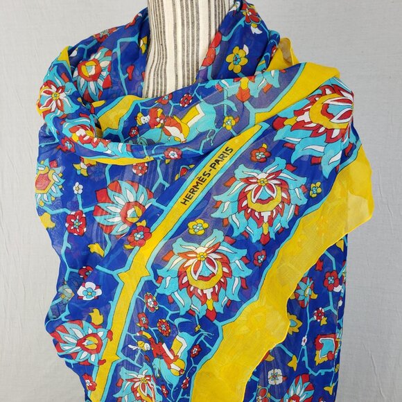 HERMES Shawl Scarf Pareo 100% Cotton Lightweight Blue Yellow Red Persian Motif - Picture 8 of 14